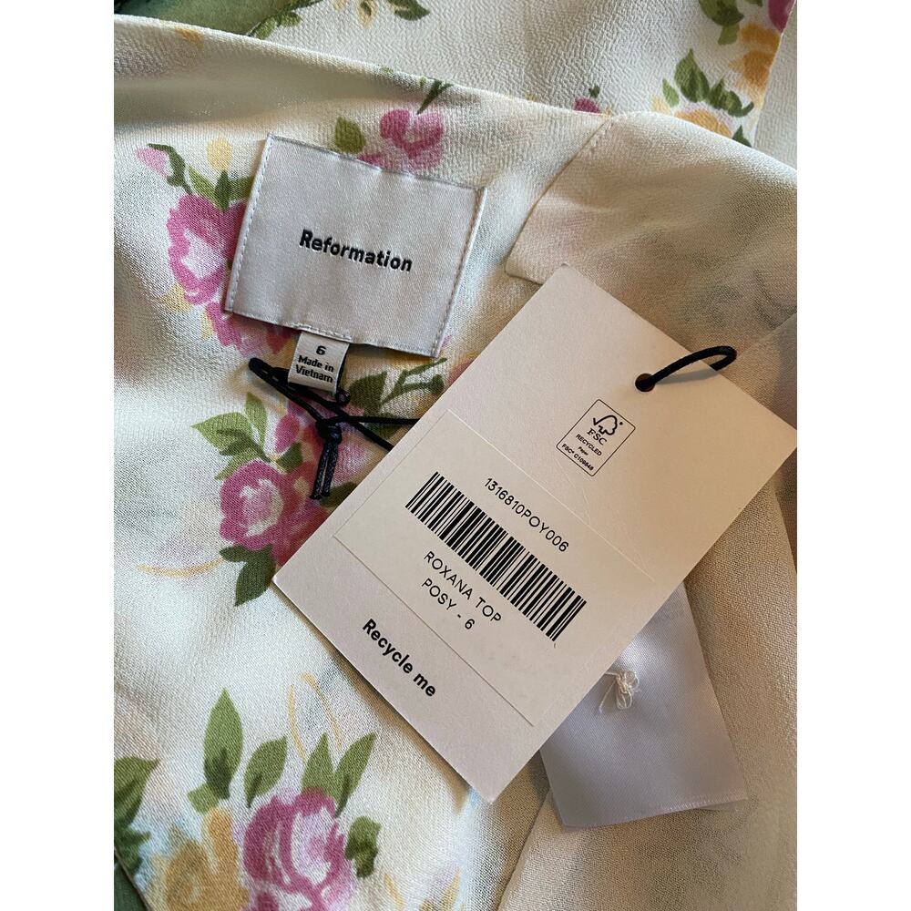 NWT Reformation Roxana Top Posy Floral Print Pink Ivory Open Back Blouse Size 6 - Picture 4 of 7